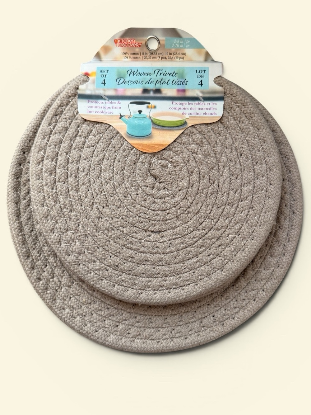 Kitchen Discovery Woven Trivet Set – 4 Taupe Round Heat-Resistant 100% cotton